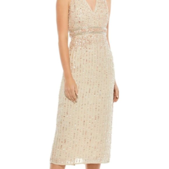 MAC DUGGAL 70267 SEQUINED SLEEVELESS V-NECK NUDE MIDI SHEATH DRESS sz 10 - Picture 5 of 5